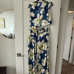 Zara Blue, White and Green Floral Cutout Jumpsuit